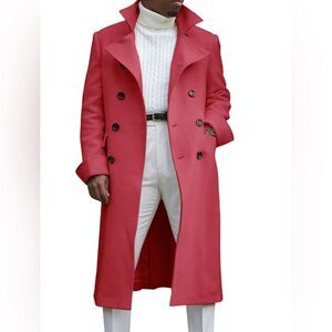 Ebifin Men's Red Notch Lapel Double Breasted Long Trench Coat Casual Peacoat XL